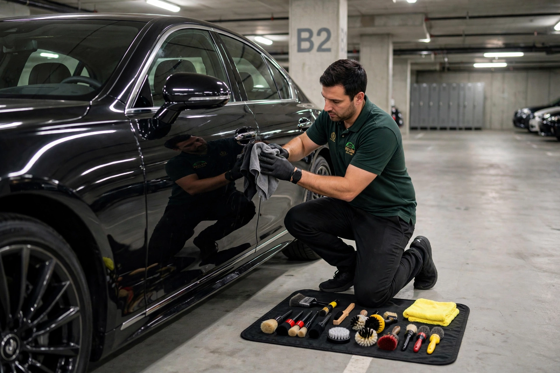 EcoLuxe technician documenting a black sedan before the eco wash in a condo garage