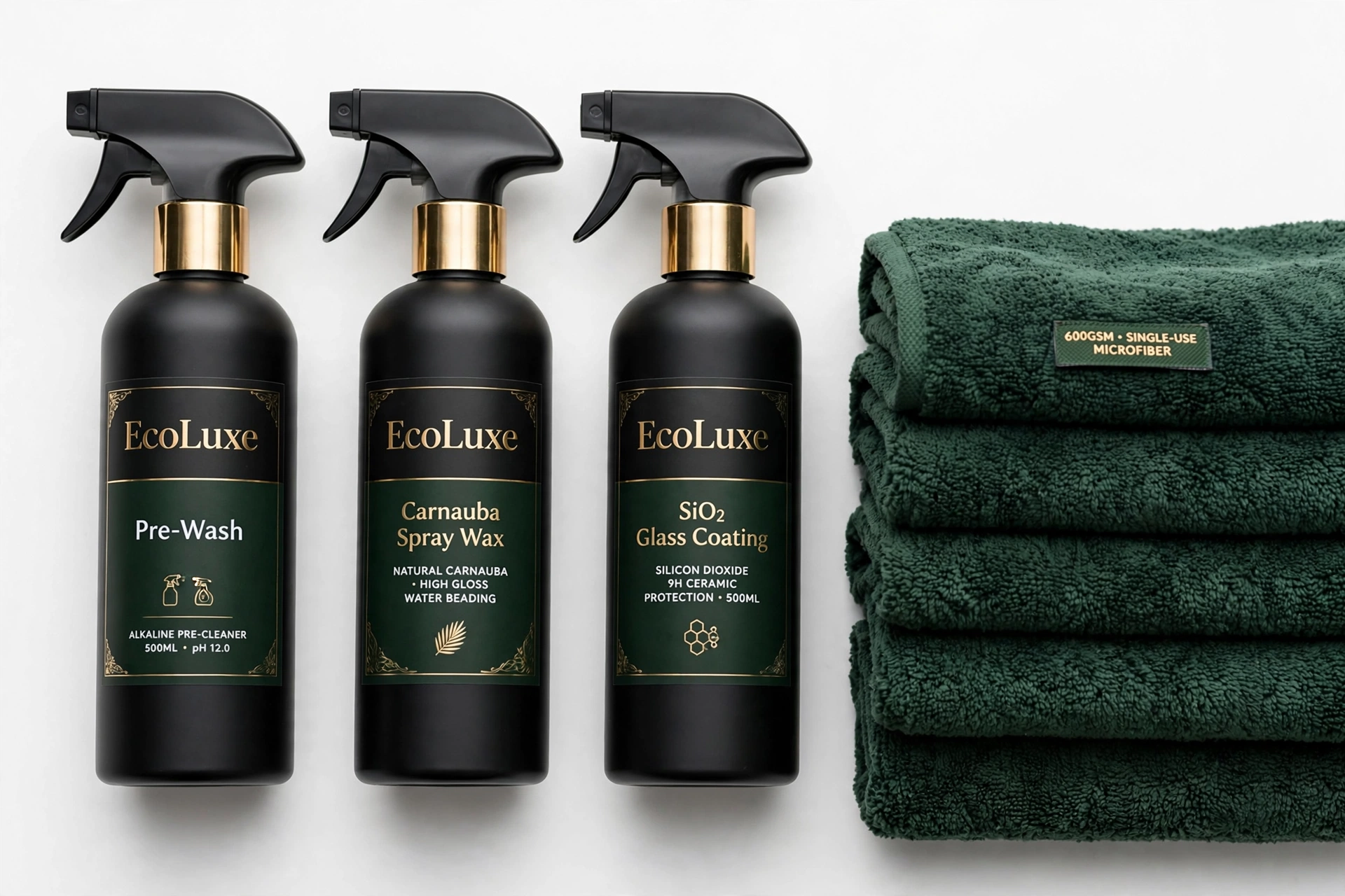 EcoLuxe eco foam pre-wash and SiO2 glass coating bottles beside folded 600GSM microfiber towels