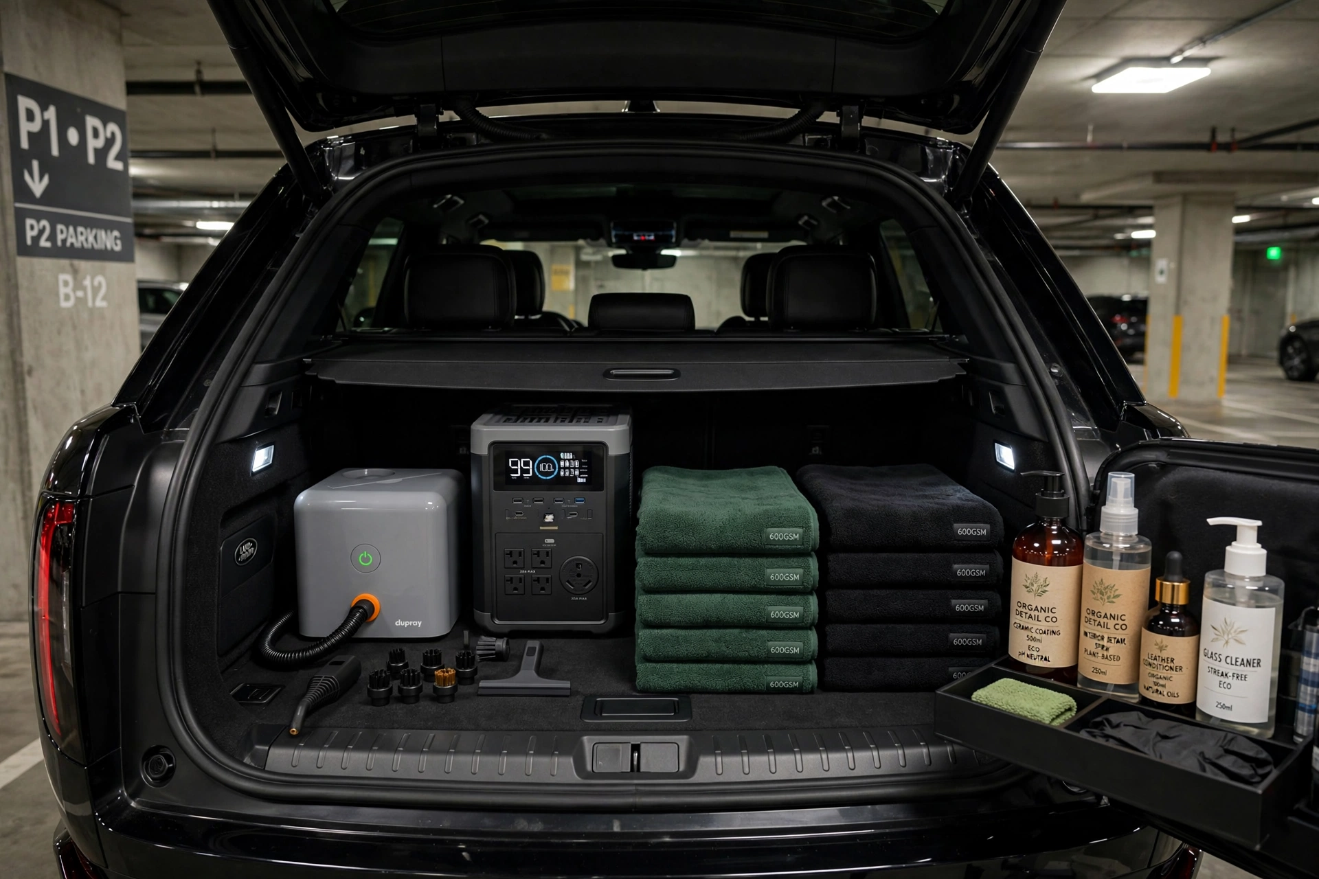 Open SUV trunk in a P2 garage holding a steam unit, battery power station, folded microfiber towels and eco detailing bottles
