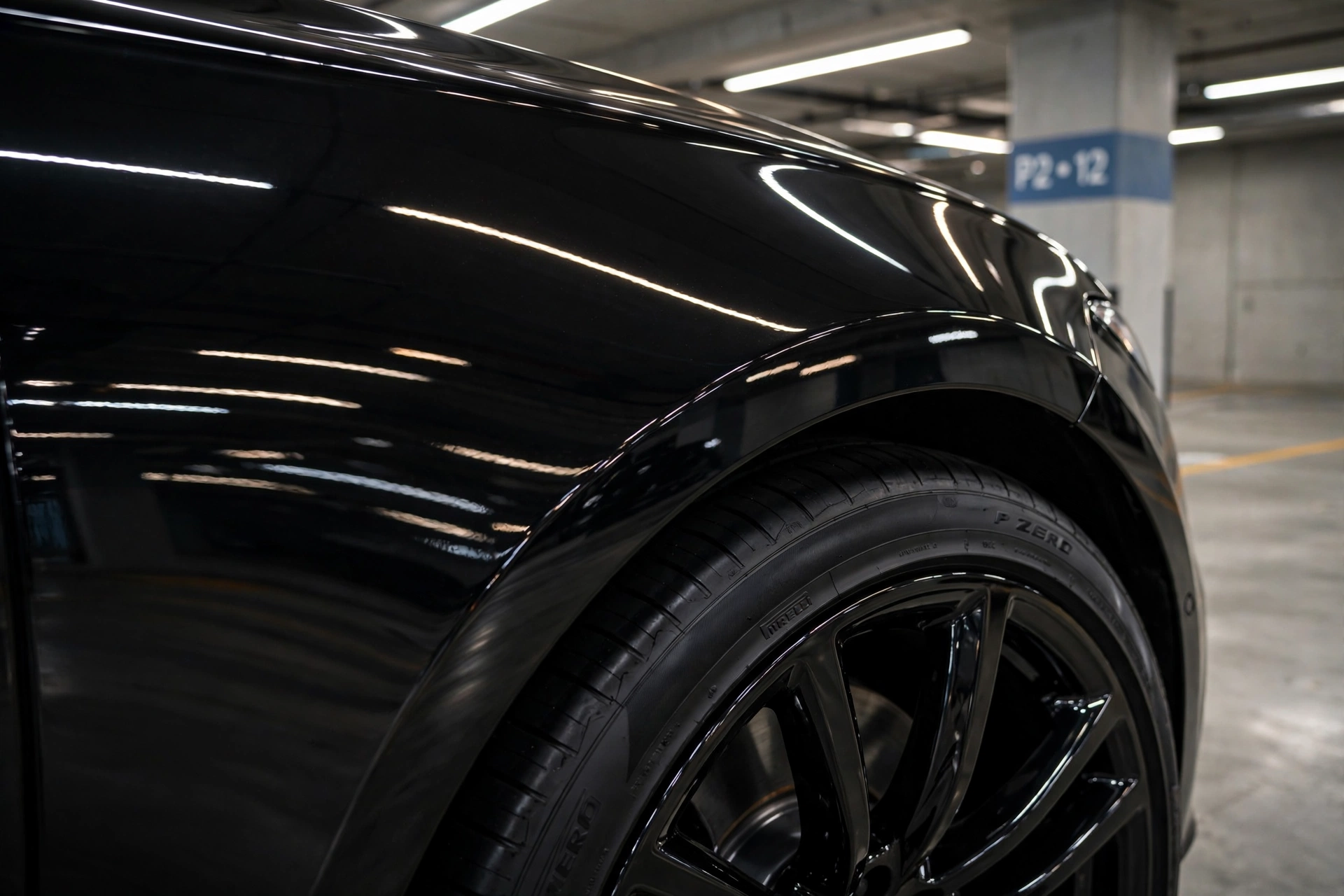Mirror-finish gloss on a black car fender inside a subterranean condo garage