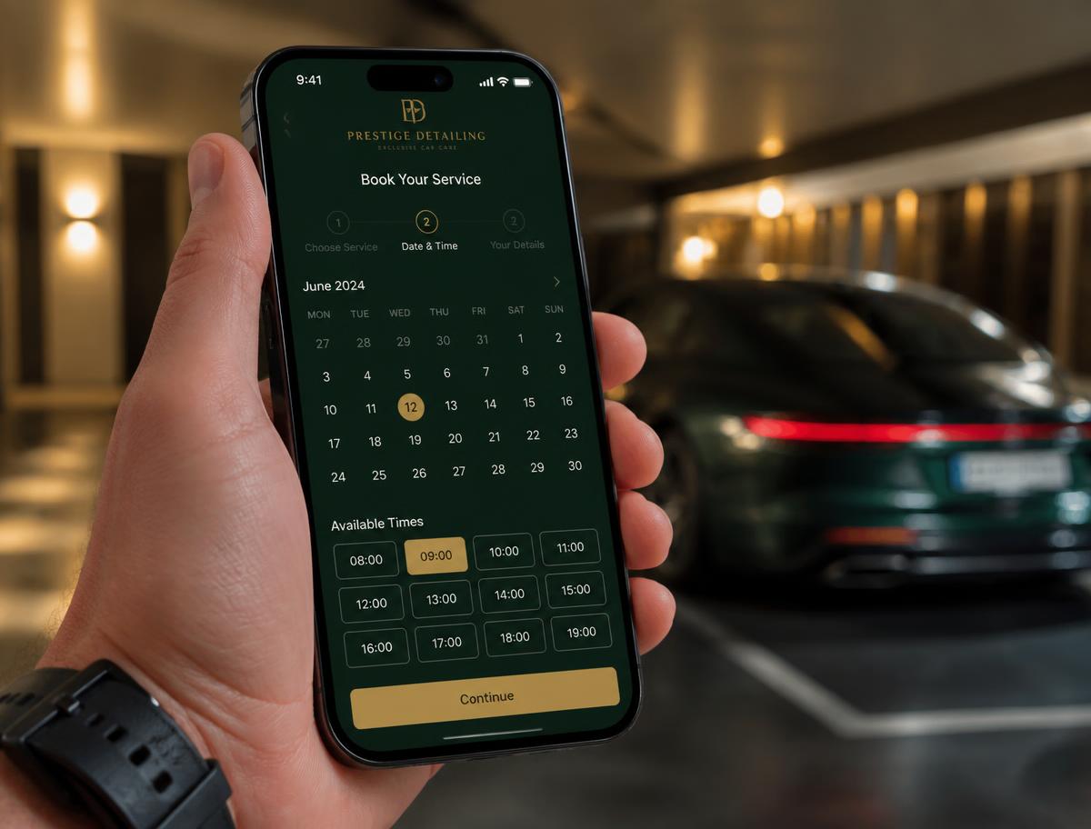 Hand holding a phone showing the EcoLuxe booking calendar in a condo garage